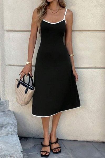 Mossta Midi Crepe Dress with Rope Strap and Piping Detail - Black