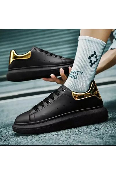 dehaine Adidasi pentru barbati, casual, negru, cu calcai auriu, 777