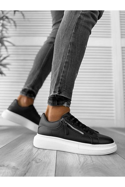 dehaine Adidasi pentru barbati, casual, cu fermoar decorativ, negru cu talpa alba, K05