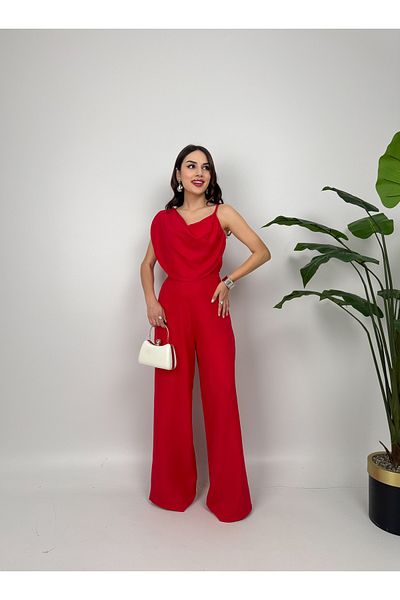 GİZONLY Women's Yellow One Shoulder Draped Stylish Jumpsuit