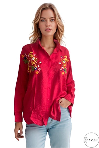 Cassime Cămașă casual din bumbac Ayrobin, broderie cu flori roșii vibrante, brodate cu pietre