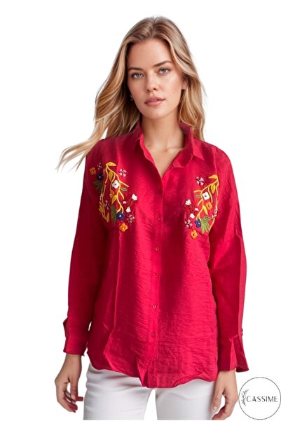 Cassime Cămașă casual din bumbac Ayrobin, broderie cu flori roșii vibrante, brodate cu pietre