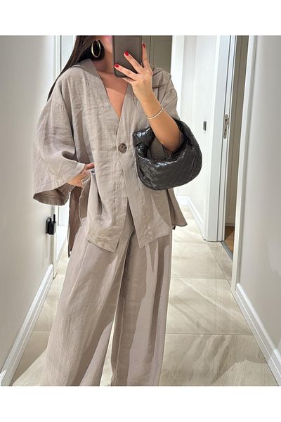 Lavanta Tekstil V Neck Single Button Kimono Pants Suit