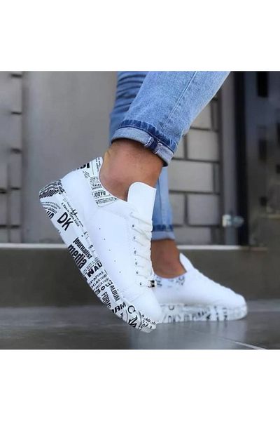dehaine Men's casual sneakers made of eco-leather with print, B3623, white