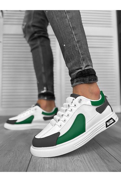dehaine Men's casual canvas sneakers, white with green print, A108