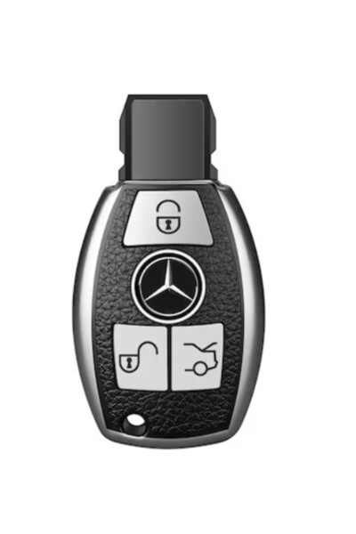 OEM Husă cheie auto pentru Mercedes Benz, cu inserții din piele, 3 butoane, silicon, argintie, compatibilă