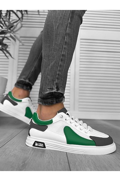 dehaine Men's casual canvas sneakers, white with green print, A108