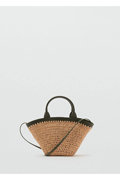 MANGO Woman Doğal lif küçük çift saplı çanta