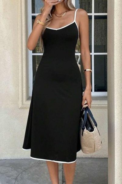 Mossta Midi Crepe Dress with Rope Strap and Piping Detail - Black