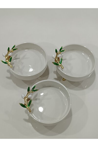 PARILTI HOME COLLECTİON طبق بسكويت بورسلين مكون من 3 قطع من المينا البيضاء والذهب مع تفاصيل زيتونية وقاعدة ذهبية وطبق للكشمش التركي ووجبة الإفطار مقاس 13.5 سم