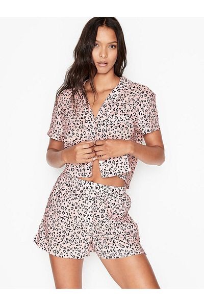 Victoria's Secret Πιτζάμες, Victoria's Secret, Σετ Πιτζάμες με Βαμβακερό Κοντό Σορτς, Ροζ Μαύρες Μίνι Λεοπάρ Καρδιές, Μέγεθος M