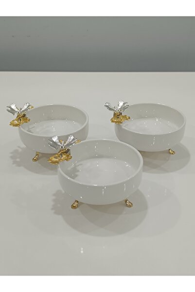 PARILTI HOME COLLECTİON 3'lü Gold Gümüş Kelebek Detaylı Ayaklı Porselen Çerezlik Lokumluk Kahvaltılık Sunumluk 13,5 Cm