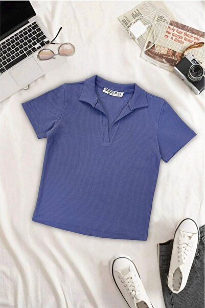 Mood Lab تي شيرت نسائي بياقة بولو مضلع وأكمام قصيرة