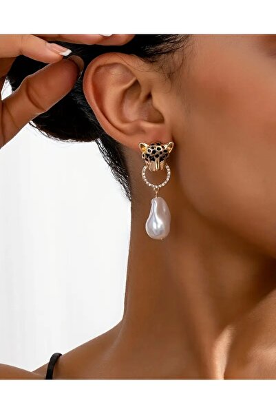 Pinkimaj Leopar taşlı inci detaylı çelik küpe ŞIK tarz model