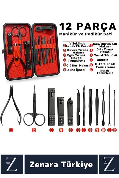 Zenara Compact Hand Face Nail Foot Care Portable Pocket Size 12 Pieces Manicure Pedicure Set with Special Bag
