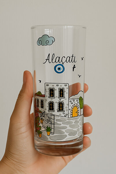 Çeşme Home Alaçatı Çeşme Urla Patterned Glass Cup 13-14 cm Rakı Glass Soft Drink Glass Colorful Printed