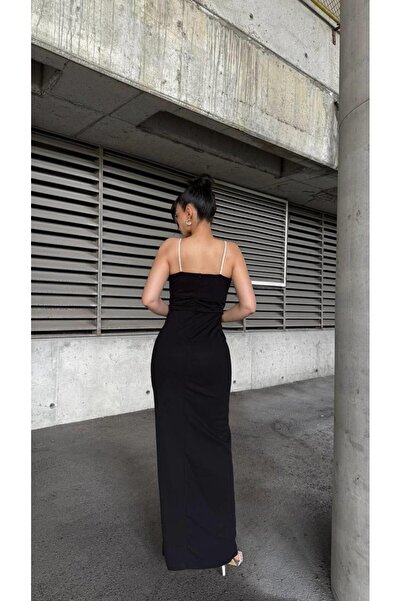 Modafeminen Göğüs Büzgülü Taş Askılı Scuba Krep Kumaş Elbise Siyah 583253