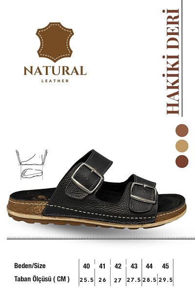 Moda Anna Double Buckle Adjustable Genuine Leather Men's Slippers Natural Leather Slippers t Black