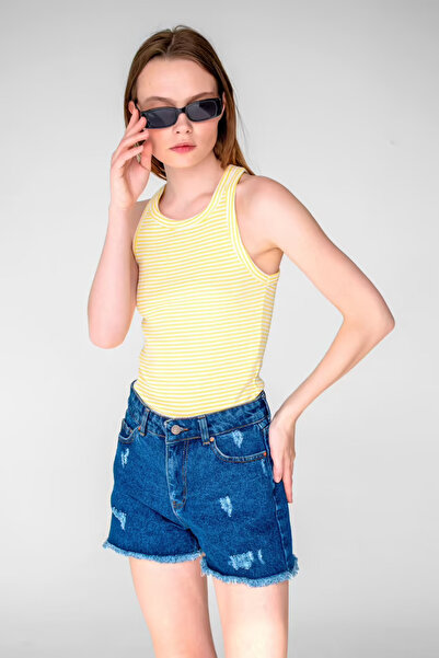 Ellit giyim Women's Yellow White Striped Rib Tank Top Summer Sleeveless