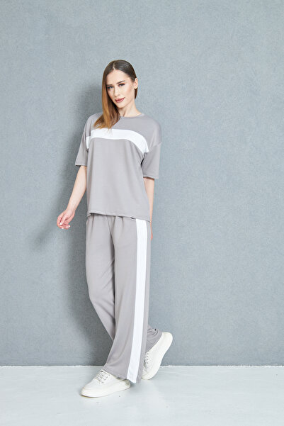 let s shine Women's Front Stripe Detailed Modal Fabric Short Sleeve Tracksuit Set