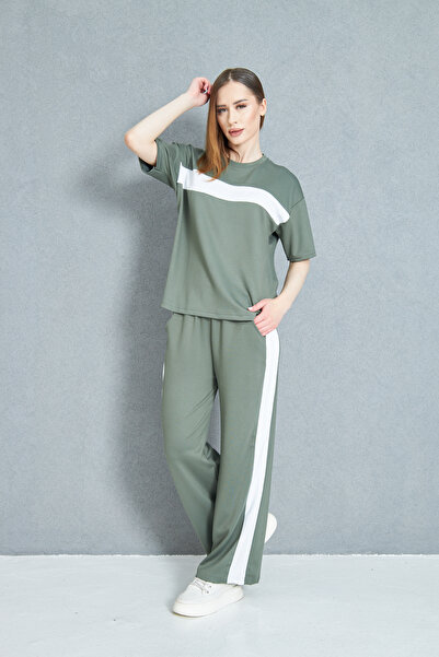 let s shine Women's Front Stripe Detailed Modal Fabric Short Sleeve Tracksuit Set
