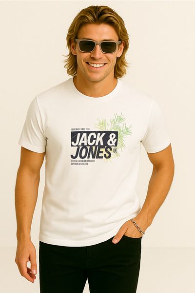 Jack & Jones Men's Crew Neck Logo Printed T-Shirt White