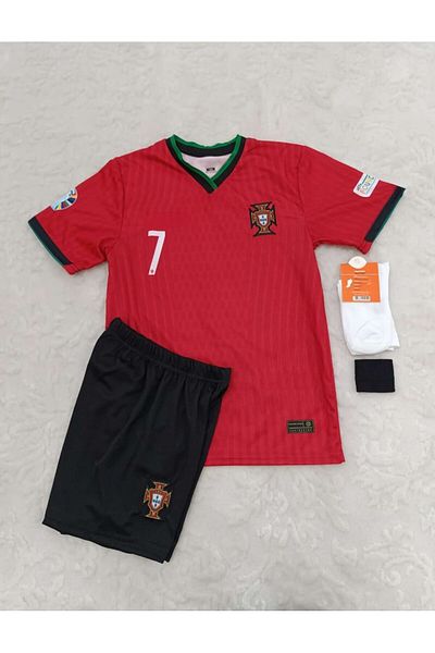 After Party Ronaldo Portugalia Roșu Copii Partea de sus și de jos Tricou Echipa Șosete Brățară Cadou (ROȘU) Ag