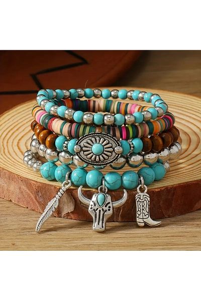 Pinkimaj Bracelet Set Women's Beads Bohemian Style Set of 5 Turquoise