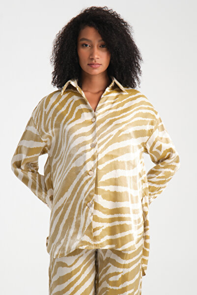 efstyle Satin Patterned Shirt and Pants Suit with Elastic Waist