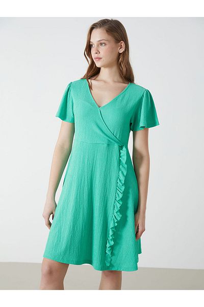 LC Waikiki Lcw Comfort Green Double Breasted Collar Textured Women Dress S5Ig00Z8Nvy25