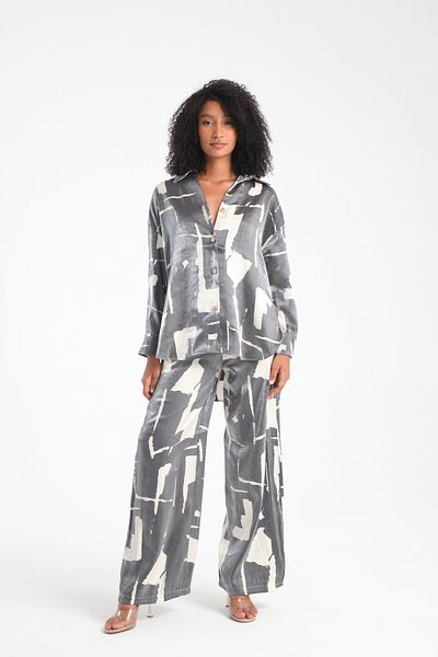 efstyle Satin Patterned Shirt and Pants Suit with Elastic Waist