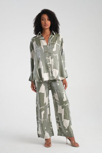efstyle Satin Patterned Shirt and Pants Suit with Elastic Waist