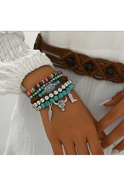 Pinkimaj Bracelet Set Women's Beads Bohemian Style Set of 5 Turquoise