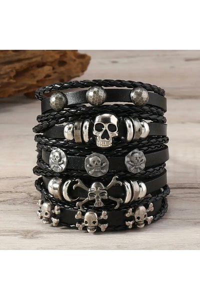 Pinkimaj Men's Unisex Punk Set of 5 Black Bracelets