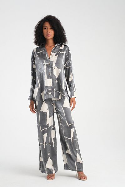 efstyle Satin Patterned Shirt and Pants Suit with Elastic Waist