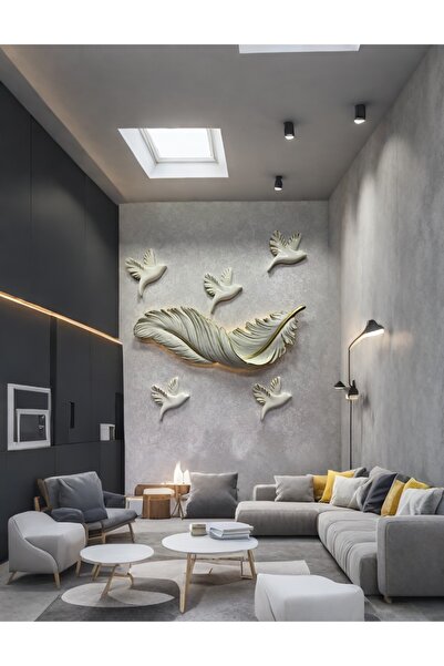 Genel Markalar Beyaz Zemin Üstüne Altın Damarlı Tüy Ve Kuş'lu Büyük Aplik 83cm x 30cm, kuş 19cm x 23cm