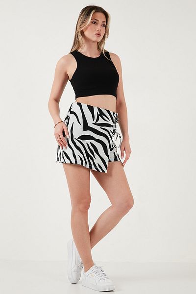 Lela Patterned Slim Fit High Waist Tie Detail Shorts Skirt Shorts Skirt 5865358