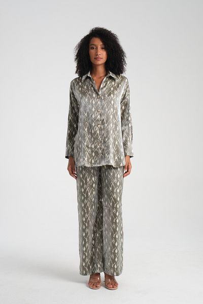 efstyle Satin Patterned Shirt and Pants Suit with Elastic Waist