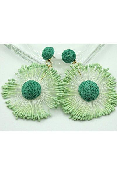 velissa NİL YEŞİL HASIR ÇİÇEK TASARIM SALLANTILI YAZLIK HAFİF KADIN KÜPE