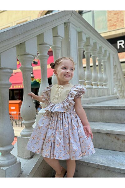 Hly Karol Tasarım Vintage κοριτσίστικο φόρεμα Laurel Cappuccino Floral, Φόρεμα γενεθλίων, φόρεμα φωτογράφισης, Κατάλληλο για 0-7 Ηλικίες