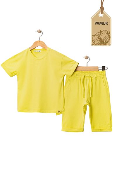 MK Mukko Kids Girl Boy Children's Wooden Button Design Basic Summer Yellow Bottom Top Set