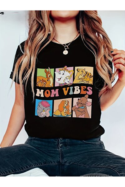 Massgai Tricou oversize unisex Mom Vibes imprimat 100% bumbac