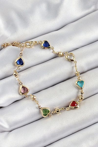 Avantaj Kapıda ®   Brass Assortment Heart Model Gold Color Zircon Stone Women's Bracelet