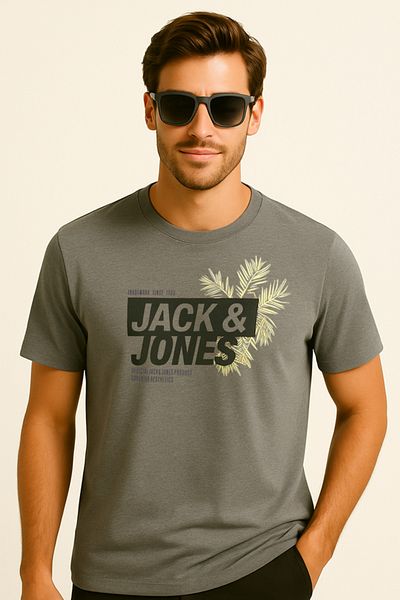 Jack & Jones تي شيرت رجالي مطبوع عليه شعار رقبة دائرية باللون الرمادي