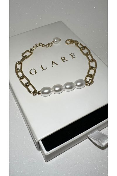GLARE JEWELRY İncili Alaçatı Model Chain Steel Bracelet 15+3cm