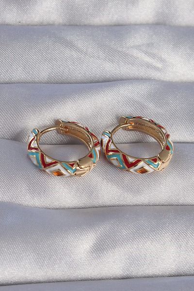 Avantaj Kapıda ®   Brass Gold Color Blue Ethnic Patterned Hoop Earrings