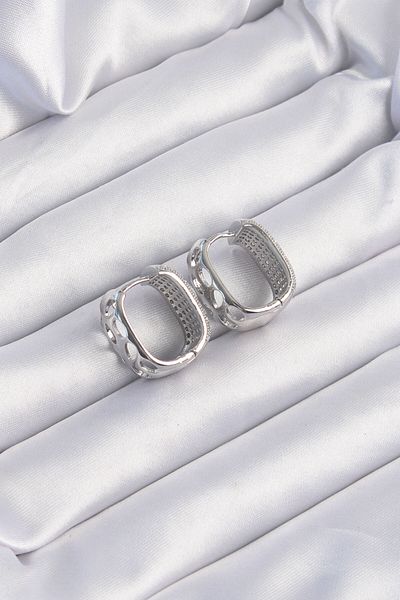 Avantaj Kapıda ®   Brass Silver Color Zircon Stone Minimal Hoop Earrings