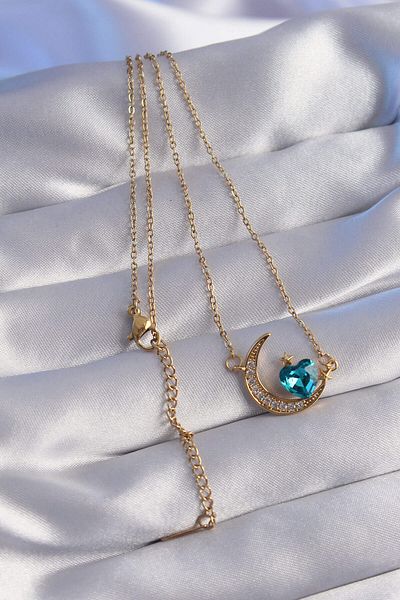 Avantaj Kapıda ®   316L Steel Chain Gold Color Blue Zircon Stone Moon Design Necklace