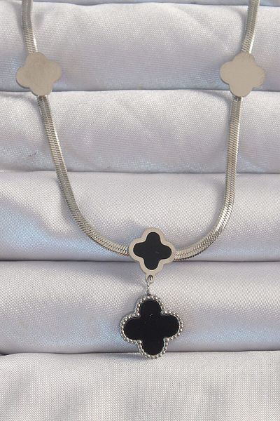 Avantaj Kapıda ®   316L Steel Silver Color Italian Chain Enamel Clover Necklace