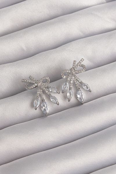 Avantaj Kapıda ®   Brass Silver Color Zircon Stone Bow Earrings